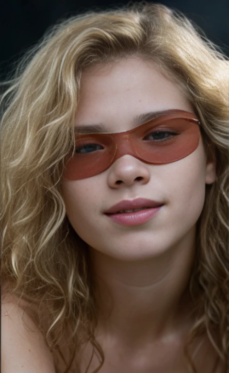 Reflector light , Masterpiece, Realistic, art of ANNIE LEIBOVITZ, Textured skin , Highest-quality , High Detailed photo , 8k, Canon EF 50mm f/1.8 STM (editorial photograph of a topless 20 year old blindfolded woman), (highly detailed face:1.4) (smile:0.7) (background inside dark, moody, private study:1.3) ,rich colors, hyper realistic ,lifelike texture, dramatic lighting , cinestill 800, wavy hair, messy wet hair, curls, malicious smile, mischeveous face, blonde hair, freckles, brown eyes, white skin, a blindfold.