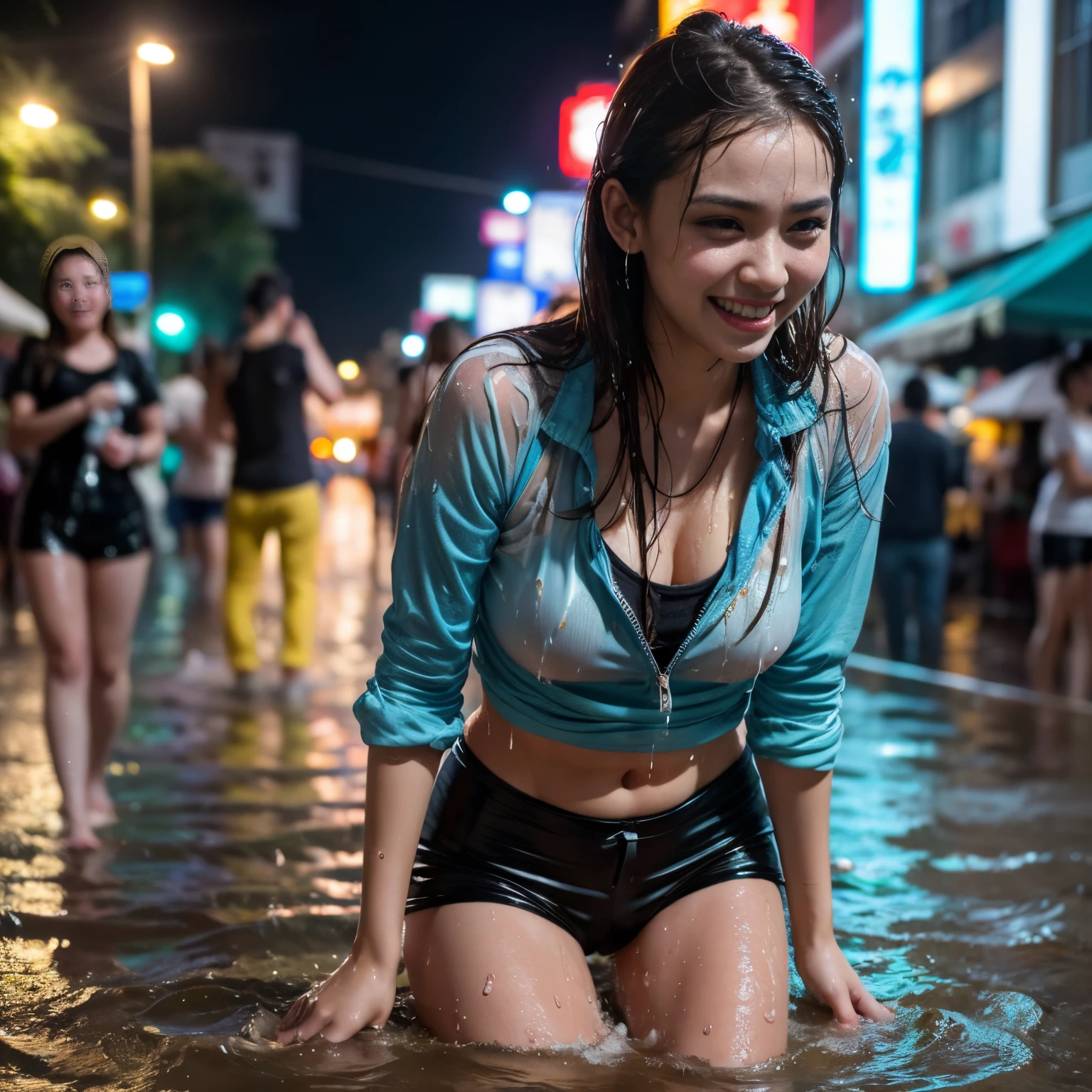 Songkran, wet street party, soaked young girls, drenched, dripping, wet clothes, wet skin, wet hair, 8k, masterpiece, photorealistic, beautiful, happy