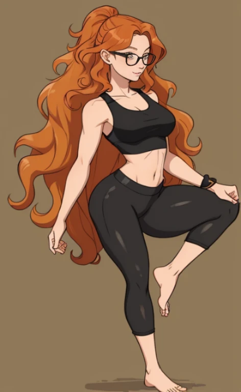 A beautiful barefoot ginger woman with wavy hair wearing glasses, black leggings and a croptop.