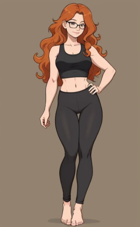 A beautiful barefoot ginger woman with wavy hair wearing glasses, black leggings and a croptop.