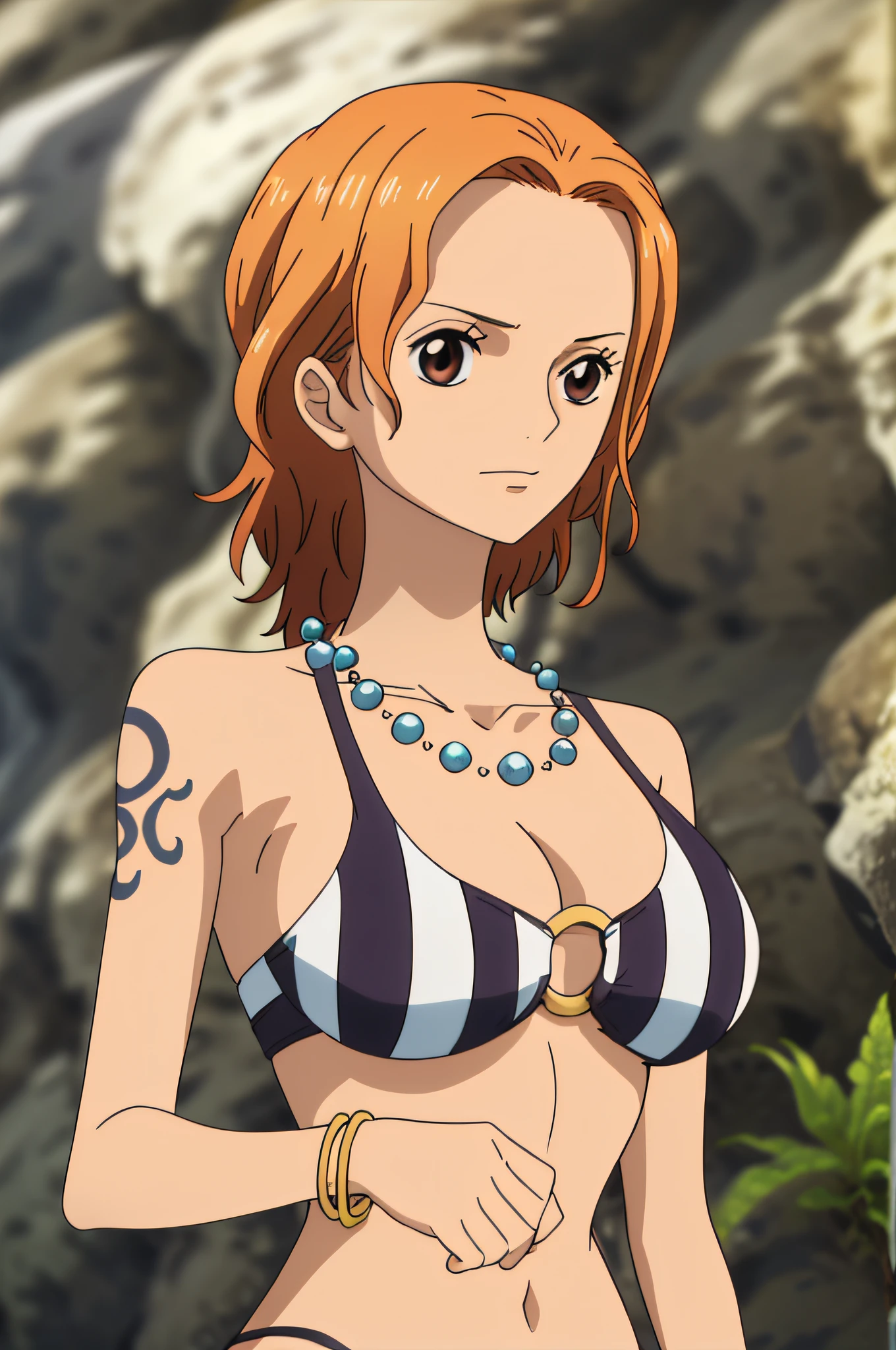 namiswimsuit, ring bikini, striped bikini, short hair, wet hair, 1girl, solo, large breasts, cleavage, brown eyes, jewelry, necklace, orange hair, tattoo, o-ring