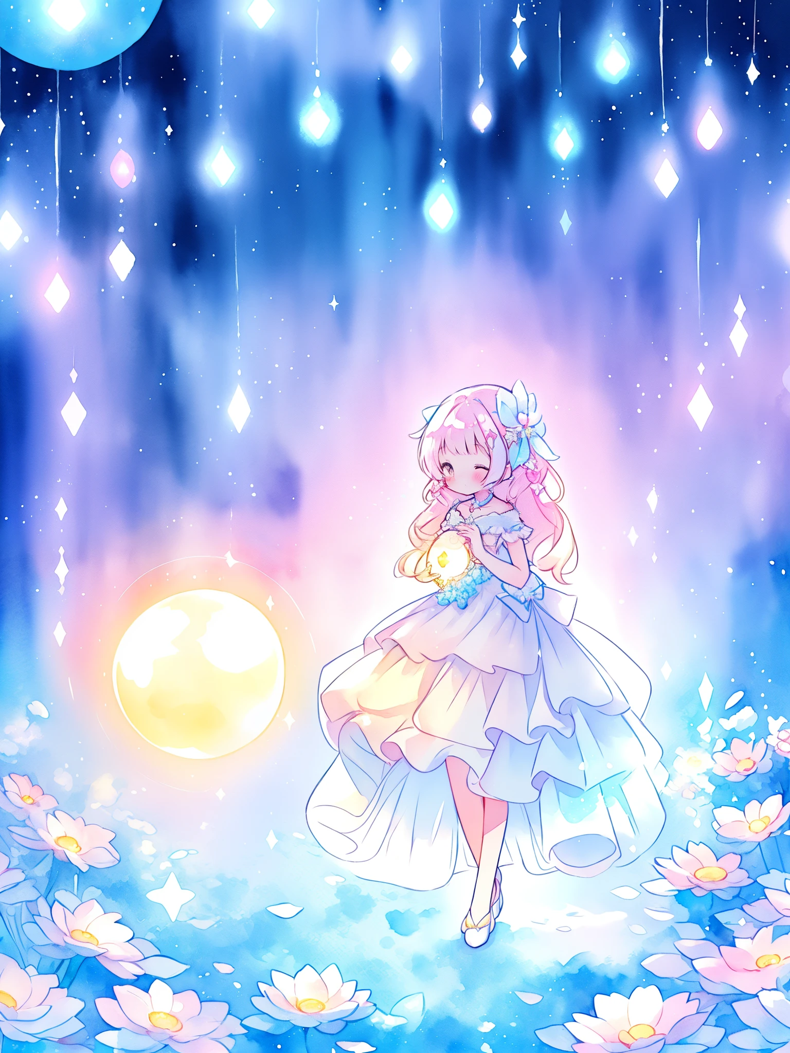 beautiful girl in sparkling white dress holding a magical sphere, ((sparkling puffy layered ballgown)), (magical, whimsical), (glowing magical orb), long flowing colorful hair, colorful fantasia background, watercolor illustration, disney art style, glowing aura around her, glowing lights, beautiful digital illustration, fantasia otherworldly landscape plants flowers, beautiful, masterpiece, best quality, anime disney style