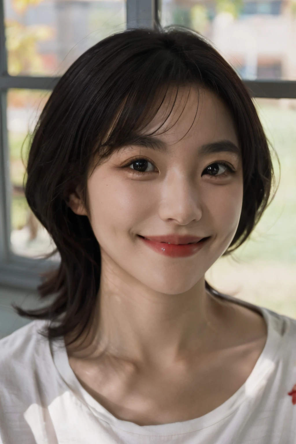 1girl, idol, close-up, collarbone, ,, photo, film, depth of field, smile, model, window, looking at viewer,