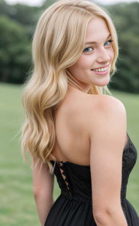 Back portrait of a 23 years old barefoot blonde woman wearing a black veil and a long dress, calm smile, freckles.