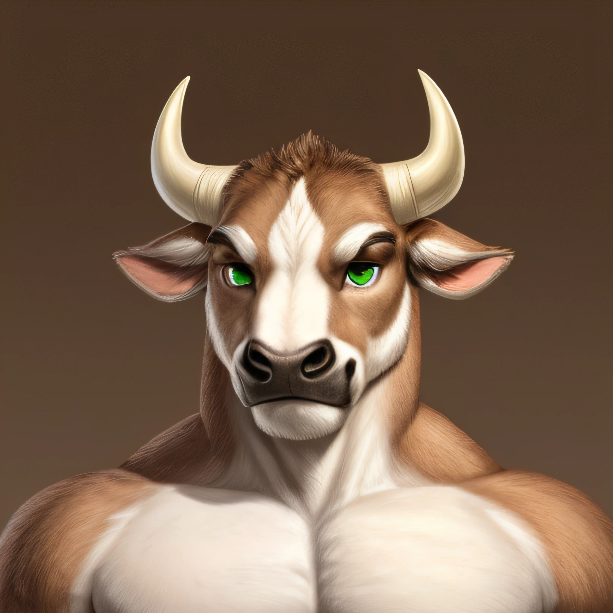 ((solo)), male, anthro, ((bull-face, medium-length horns, muscled body, brown and white furred body)), calm expression, green eyes,