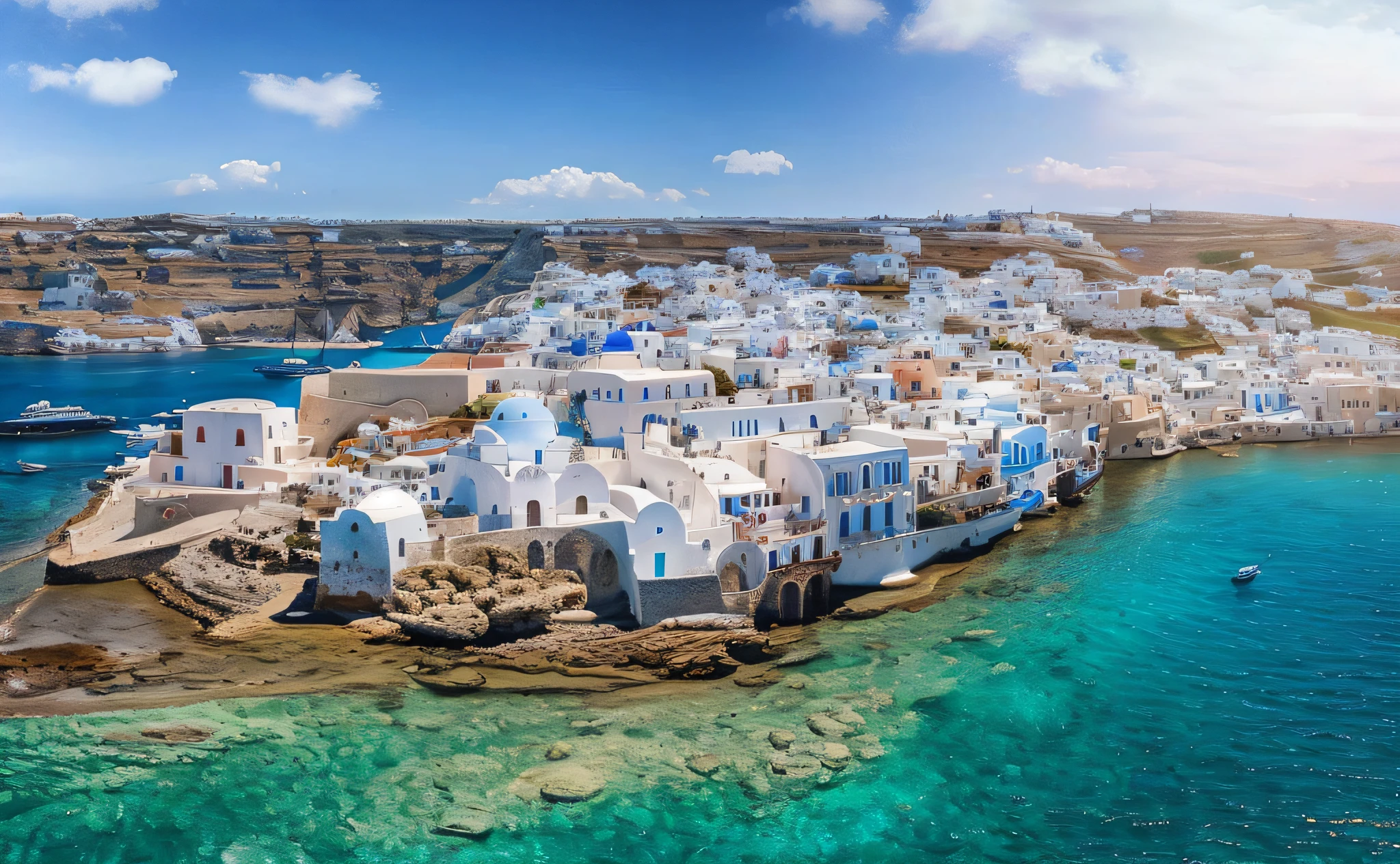 arafed view of a small island with a white building and a boat in the water, greek fantasy panorama, greece, mediterranean island scenery, classical greece, mediterranean city, whitewashed buildings, greek setting, santorini, ancient greek city, ancient mediterranean city, stunning image, mediterranean, city of pristine colors, greek fantasy, cycladic sculptural style