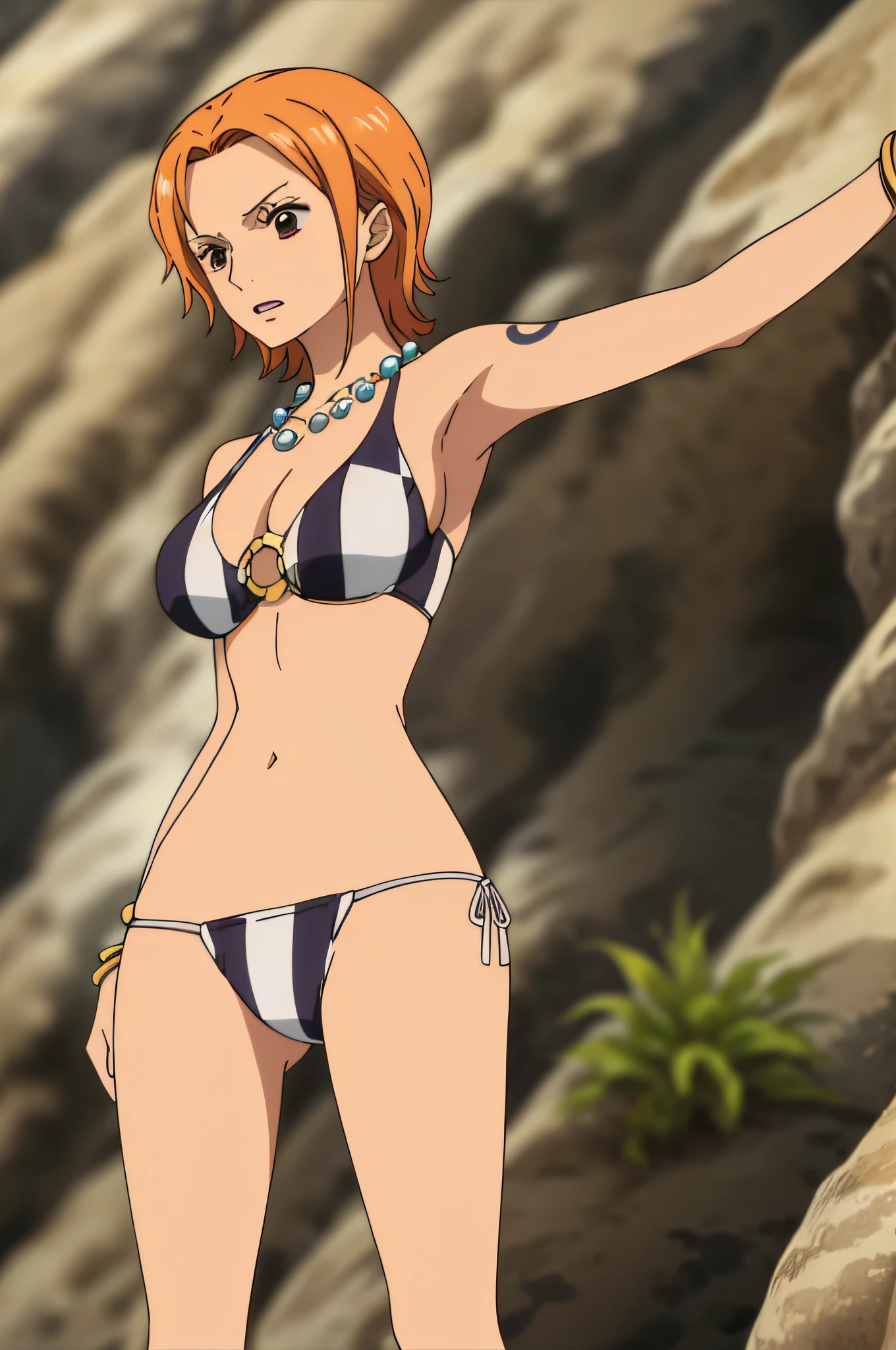 namiswimsuit, ring bikini, striped bikini, short hair, wet hair, 1girl, solo, large breasts, cleavage, brown eyes, jewelry, necklace, orange hair, tattoo, o-ring, armpits