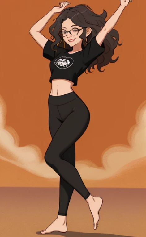 A beautiful barefoot  woman with wavy  hair wearing glasses, black leggings and a croptop, dancing happily.