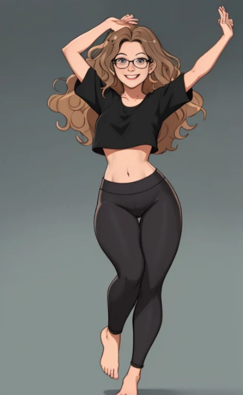 A beautiful barefoot woman with wavy hair wearing glasses, black leggings and a croptop, dancing happily.