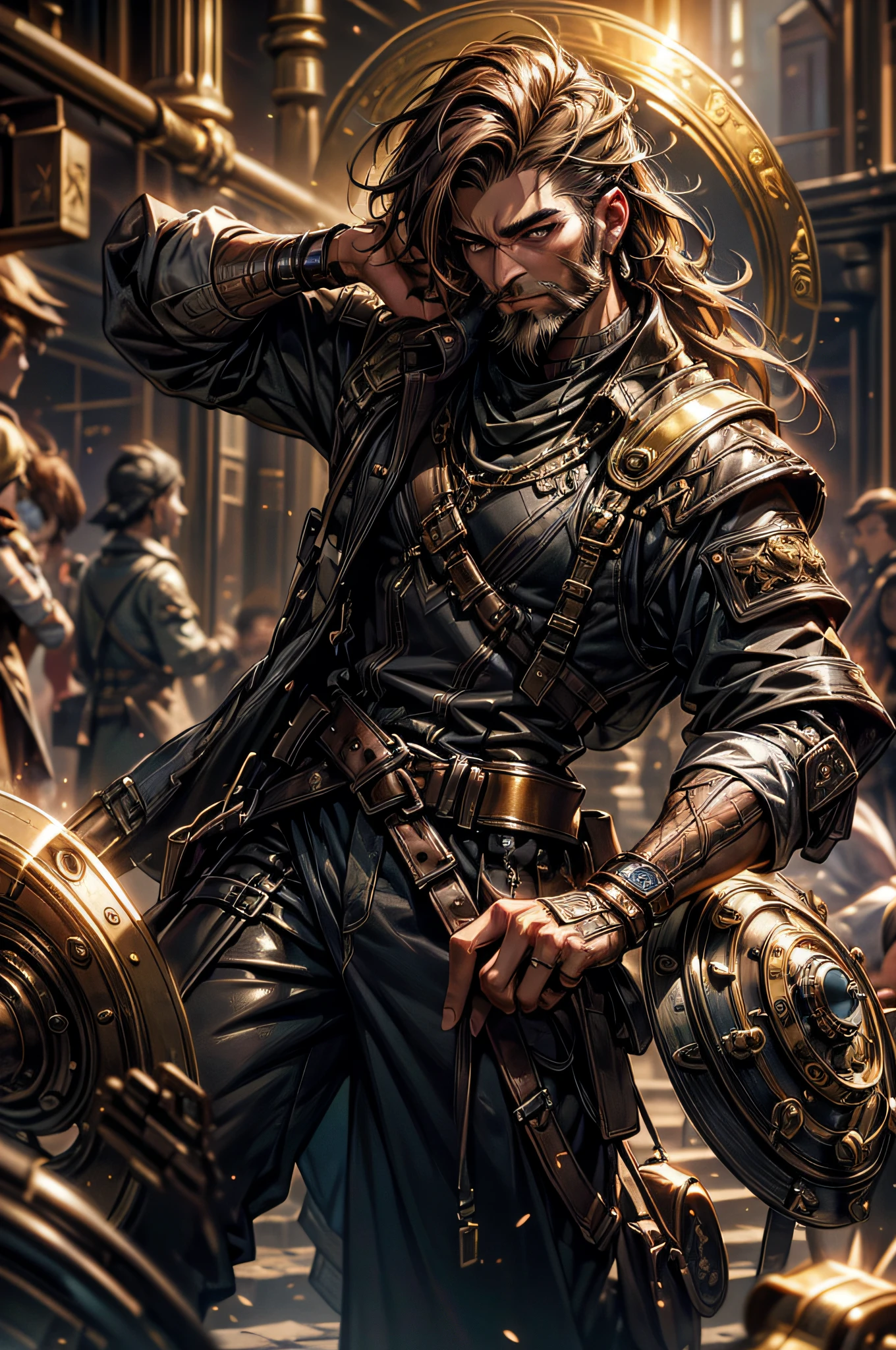 (1Mauwn:1.3) looking busy, (steampunk suite, olive skin, brown hair, deep dark eyes, wide nose, full lips, receding chin, long majestic hair and beard, grin, golden, dystopian adventure expedition monster world) (masterpiece, best quality, detailed shiny skin:1.2) flawless, 8k, RAW, highres,absurdres, in savage monster hunter world style, 2D man, multicolored brown and gold hair, detail-rich, with breastplate and shield, full body