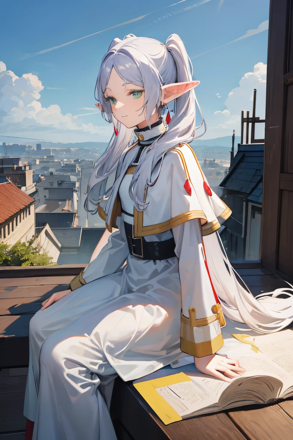 ((Frieren)), ((Masterpiece)), (highly saturated), (High Definition:1.3), (from side), (Professional Photography:1.2), (cinematic lighting), 1girl, solo, (flat body), (smile), sitting on the rooftop, beautiful, elf, pointy ears, white hair, (long twintails), green eyes, white dress, white cape, ((magician staff)), magic, magic circle, (ragged ruins), cityscape, winter sky,