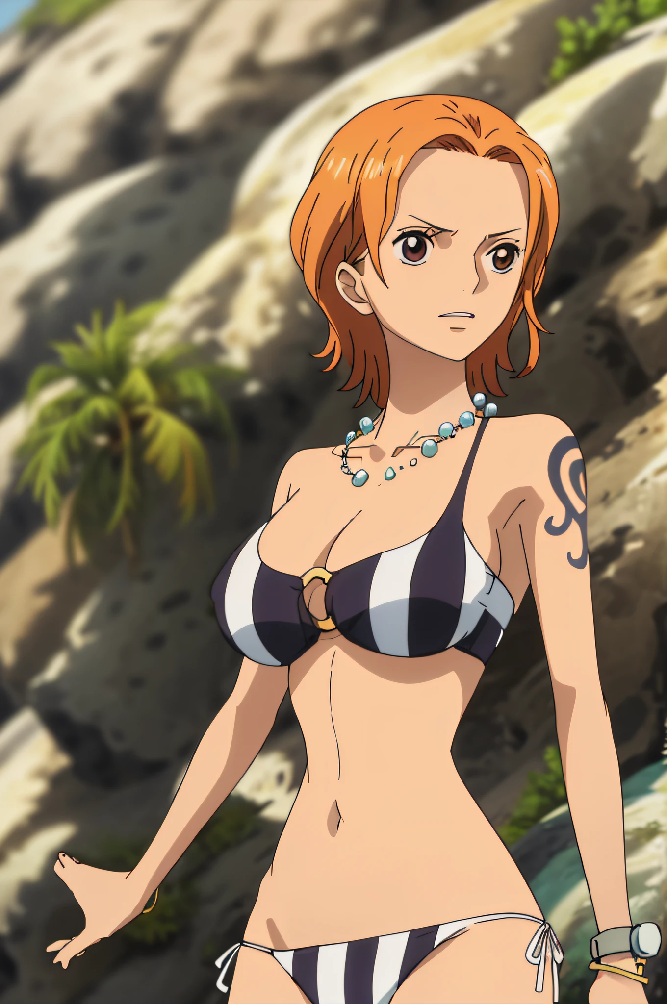 namiswimsuit, ring bikini, striped bikini, short hair, wet hair, 1girl, solo, large breasts, cleavage, brown eyes, jewelry, necklace, orange hair, tattoo, o-ring, armpits