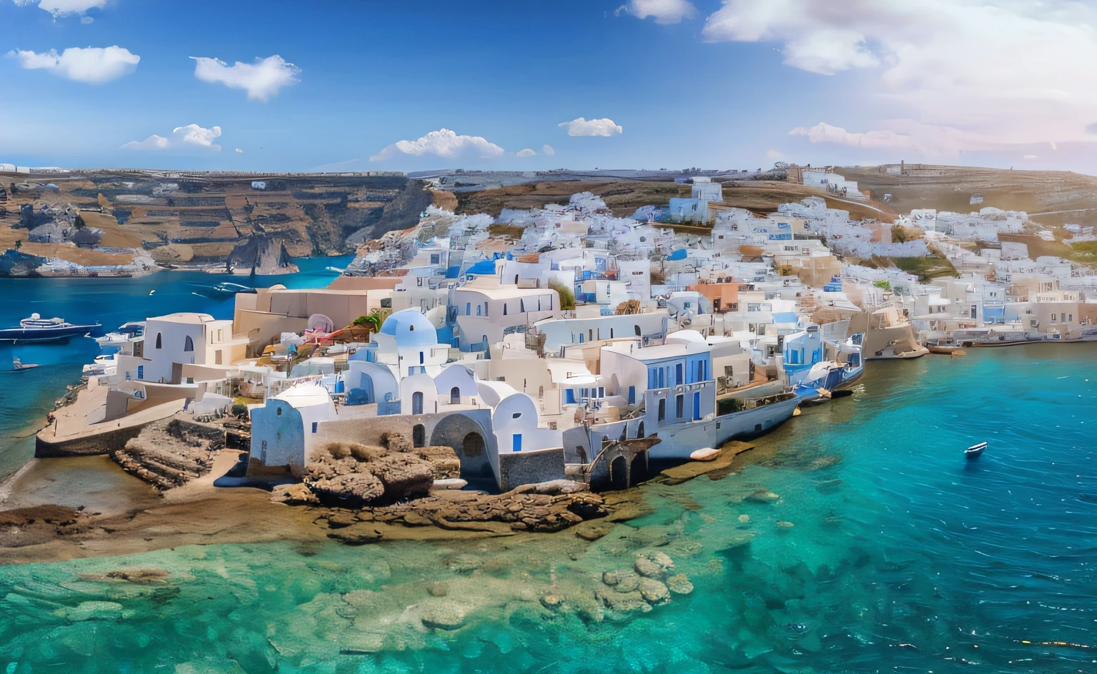 arafed view of a small island with a white building and a boat in the water, greek fantasy panorama, greece, mediterranean island scenery, classical greece, mediterranean city, whitewashed buildings, greek setting, santorini, ancient greek city, ancient mediterranean city, stunning image, mediterranean, city of pristine colors, greek fantasy, cycladic sculptural style