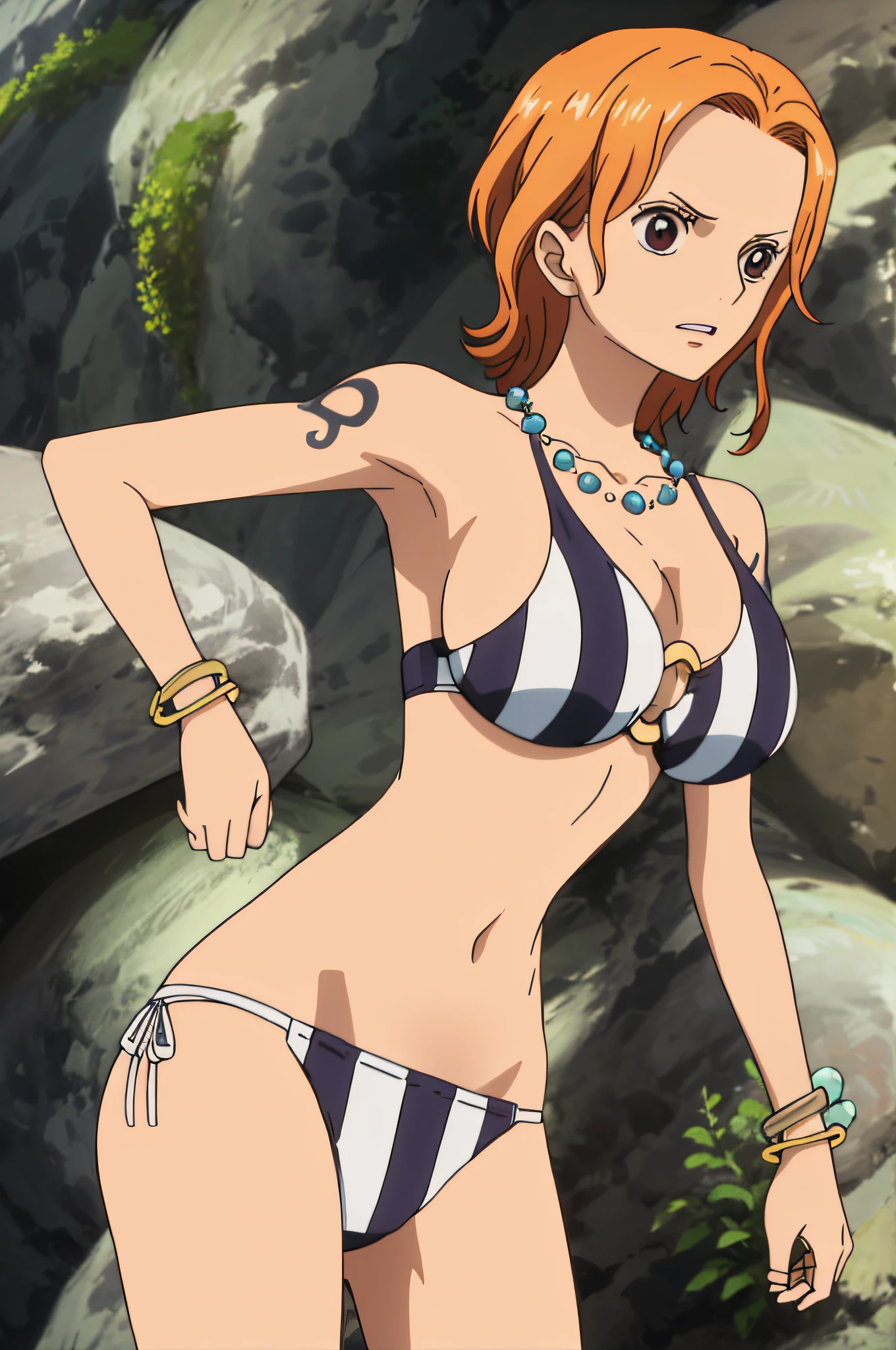 namiswimsuit, ring bikini, striped bikini, short hair, wet hair, 1girl, solo, large breasts, cleavage, brown eyes, jewelry, necklace, orange hair, tattoo, o-ring, armpits