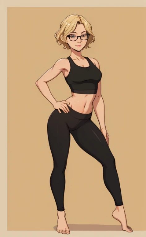 A beautiful barefoot blonde woman with wavy short hair wearing black leggings and a croptop.