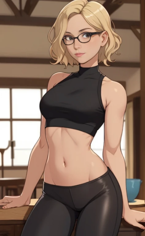 A beautiful barefoot blonde woman with wavy short hair wearing glasses, black leggings and a croptop.