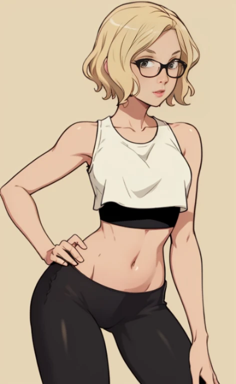 A beautiful barefoot blonde woman with wavy short hair wearing glasses, black leggings and a croptop.