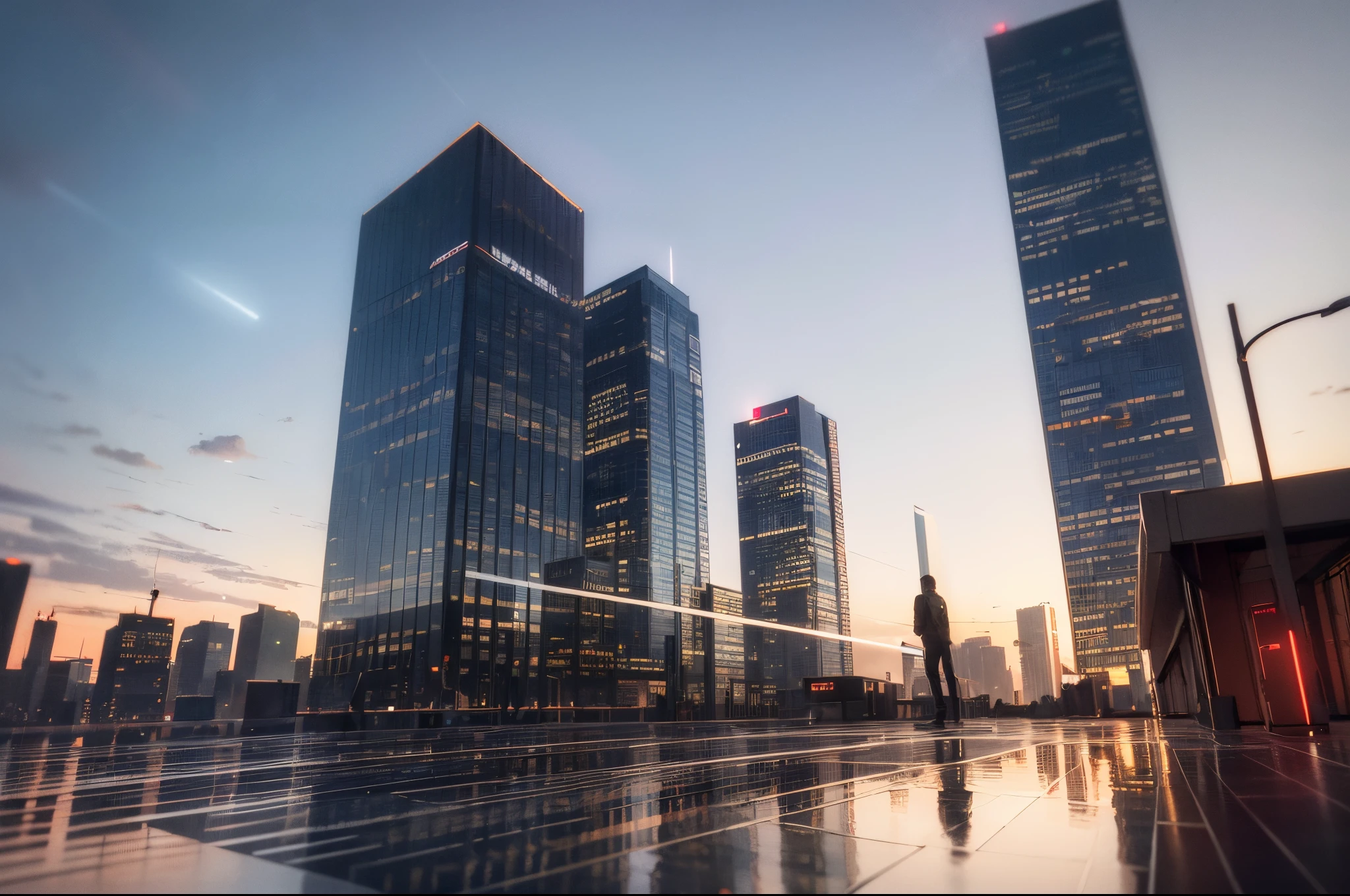(best quality, masterpiece:1.2), photorealistic, (ambient light:1.3), (cinematic composition:1.2), 8k, hdr, ultra high res, Exquisite details and textures, sportscar, supercar, tail lights, sunset, street view, skyscrapers, skylines, cyberpunk, neon lights, clouds, raining, wet floor, reflection, dusty air, light particles, ray of lights, detailed background, depth of field, professional lighting, photon mapping, radiosity, physically-based rendering