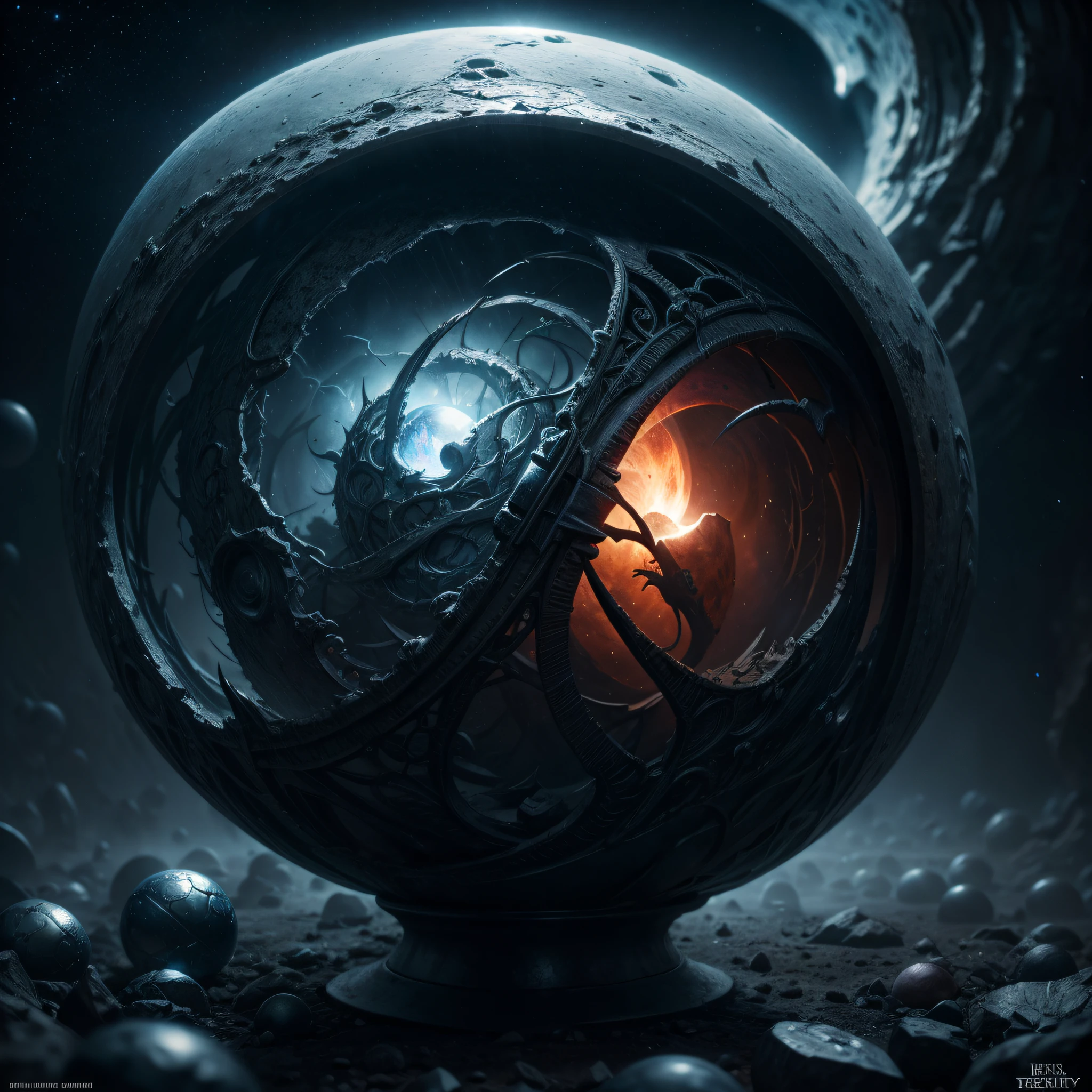 3d perspective magic orb sphere of eternity artifact dark souls item a highly-detailed dark fantasy masterpiece illustration by seb mckinnon; deep colors, intricate detail, backlight, trending on artstation, volumetric light , cosmos style, stars clouds, black holes,