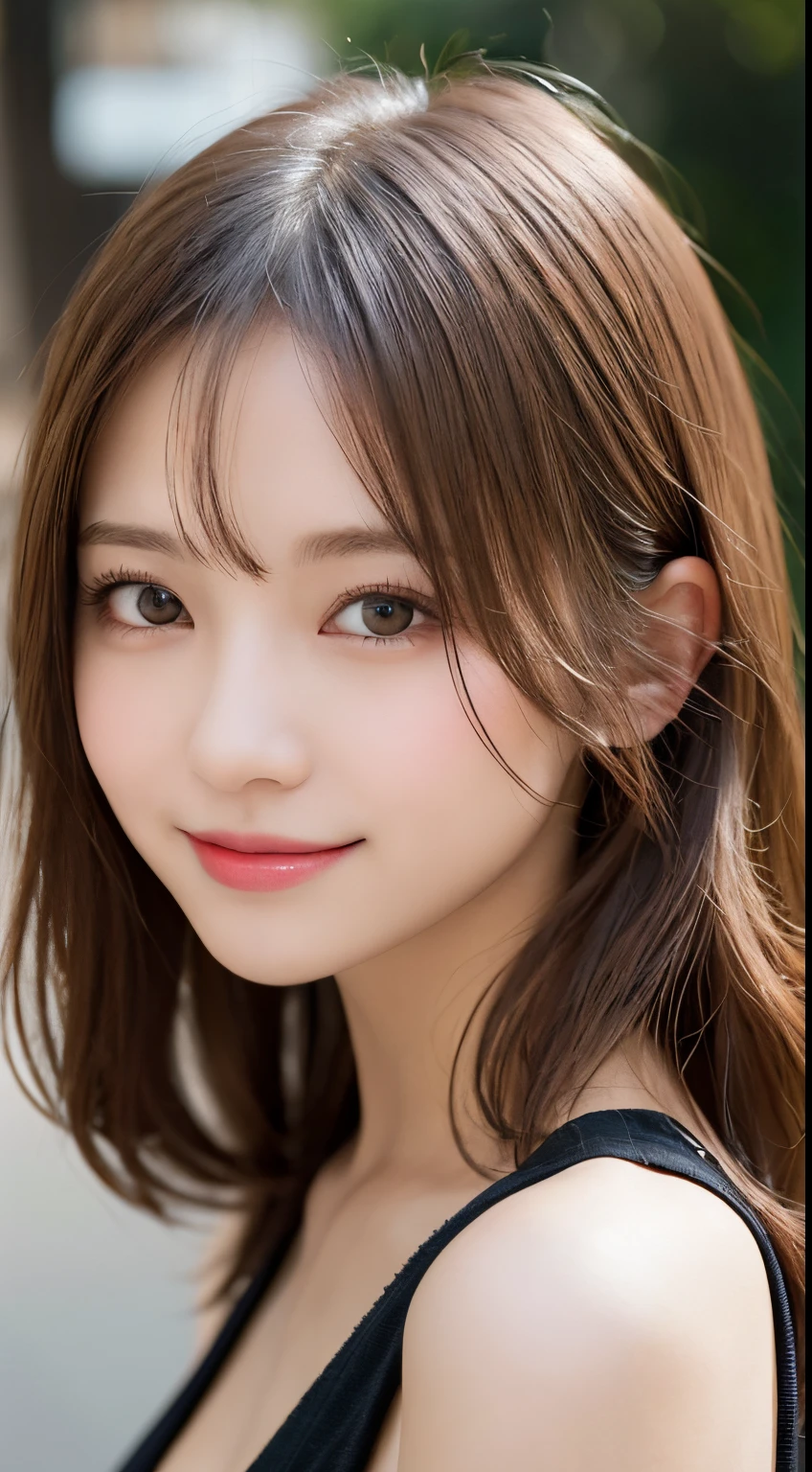 masutepiece, Best Quality, Illustration, Ultra-detailed, finely detail, hight resolution, 8K Wallpaper, Perfect dynamic composition, Beautiful detailed eyes, Women's Fashion Summer,Medium Hair,small tits,Natural Color Lip, Bold sexy poses,Smile,Harajuku、20 years girl、Cute、Sexy shot looking at camera