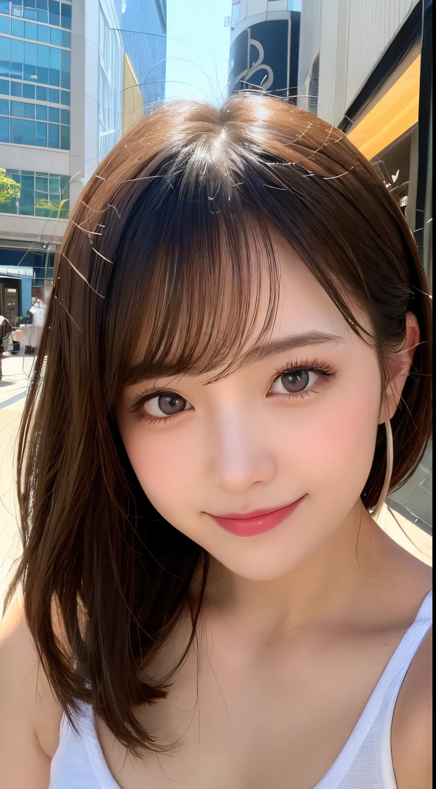 table top, highest quality, figure, Super detailed, finely, High resolution, 8k wallpaper, 完璧なダイナミックな構figure, detailed and beautiful eyes, ladies fashion summer,medium hair,small breasts natural color lip, bold sexy pose,smile,Harajuku、20 year old girl、cute、sexy shot looking at camera