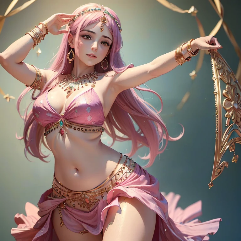 ((Best Quality, 8K, Masterpiece: 1.3)) ,girl doing belly dance , pink dress , wearing some jewelries ,both hands up about holding clothes belly dance , belly dance positio