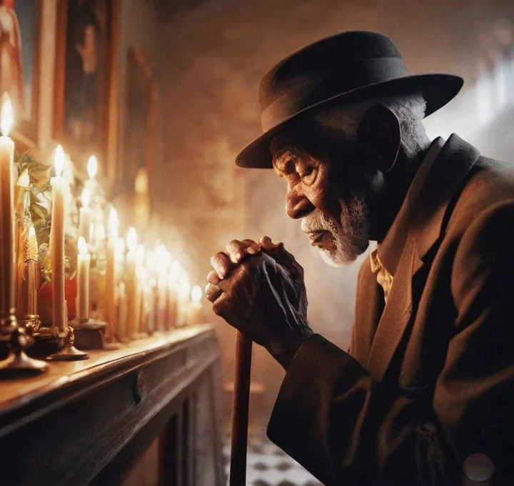 wired man in hat and coat in front of a row of candles, inspirado em Gordon Parks, Imagem absolutamente excepcional, Directed by: Gordon Parks, Absorto em pensamentos, praying, Wise old man, Rezar com tabaco, an amazing photo, em uma sala cheia de velas, belo tiro, Beautiful image, Directed by: Grzegorz Rutkowski, Beautiful!, 16k, highes definition, rosto detalhado, rosto detalhado, olhos detalhados, terno detalhado, estilo DC, hiper-realista, + Cinematographic shot + dynamic compositing, incrivelmente detalhado, nitidez, detalhes + detalhes soberbos + noite com luz + perfeccionismo + realismo premiado ((soft-lighting))