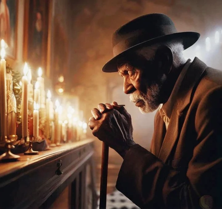 wired man in hat and coat in front of a row of candles, inspirado em Gordon Parks, Imagem absolutamente excepcional, Directed by: Gordon Parks, Absorto em pensamentos, praying, Wise old man, Rezar com tabaco, an amazing photo, em uma sala cheia de velas, belo tiro, Beautiful image, Directed by: Grzegorz Rutkowski, Beautiful!, 16k, highes definition, rosto detalhado, rosto detalhado, olhos detalhados, terno detalhado, estilo DC, hiper-realista, + Cinematographic shot + dynamic compositing, incrivelmente detalhado, nitidez, detalhes + detalhes soberbos + noite com luz + perfeccionismo + realismo premiado ((soft-lighting))