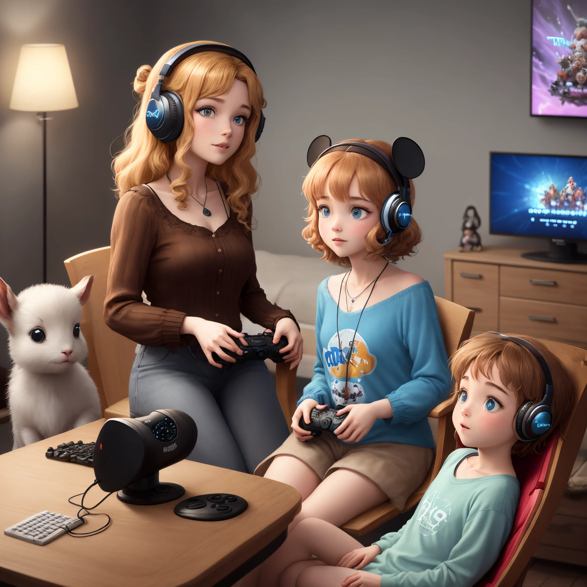 affiche de film Disney pixar avec comme titre «comment ça pas mal les bzez » femme assise sur une chaise gaming dans sa chambre avec un petit collier et une poitrine yeux marron et cheveux brun et deux petite mèche face caméra avec un casque de gaming et un débardeur bleu