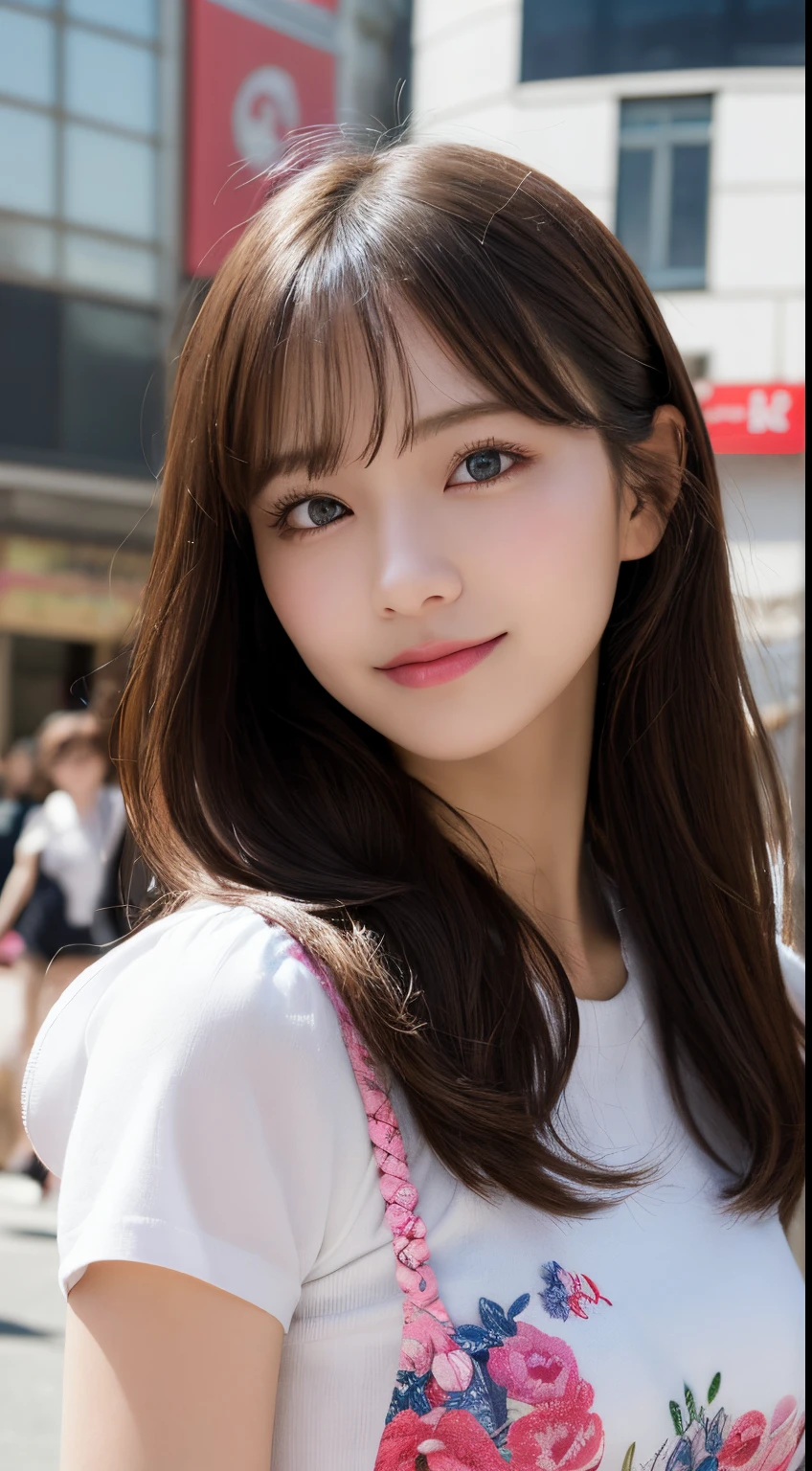 masutepiece, Best Quality, Illustration, Ultra-detailed, finely detail, hight resolution, 8K Wallpaper, Perfect dynamic composition, Beautiful detailed eyes, Women's Fashion Summer,Medium Hair,small tits,Natural Color Lip, Bold sexy poses,Smile,Harajuku、20 years girl、Cute、Sexy shot looking at camera