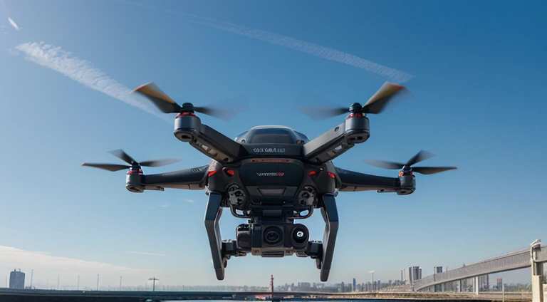 (best quality,photorealistic),(futuristic,high-tech:1.1),(panoramic perspective view), a futuristic quadricopter flies far in the sky.