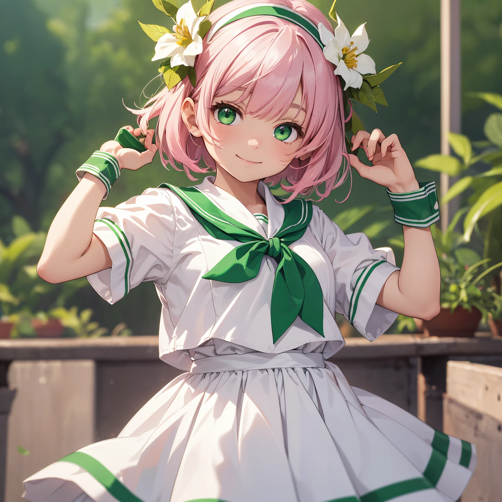 masterpiece,best quality:1.3),1girl,(short pink hair:1.1), White sailor dress,green neckerchief,green headband,(green eyes:1.1),blunt bangs,(hair white flower:1.2), wristband,cheerful,(li:1.2),smile,small breasts,school uniform