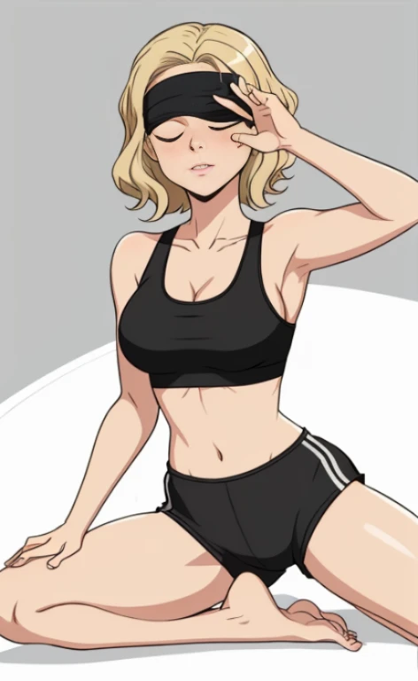 A beautiful blonde barefoot woman, with short wavy hair, wearing a blindfold, a black sportsbra and sportsshorts, doing the yoga lotos pose.