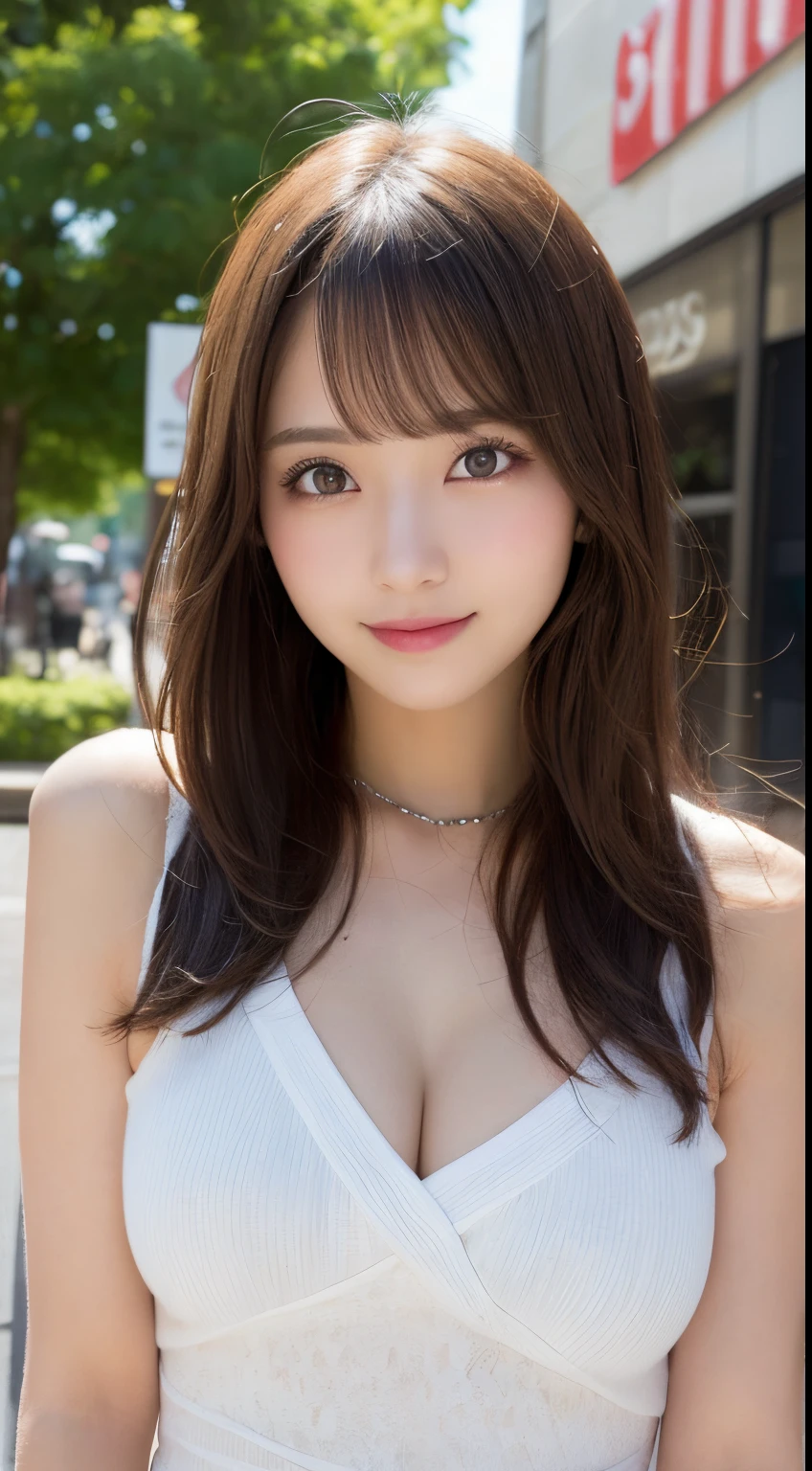 masutepiece, Best Quality, Illustration, Ultra-detailed, finely detail, hight resolution, 8K Wallpaper, Perfect dynamic composition, Beautiful detailed eyes, Women's Fashion Summer,Medium Hair,small tits,Natural Color Lip, Bold sexy poses,Smile,Harajuku、20 years girl、Cute、Sexy shot looking at camera