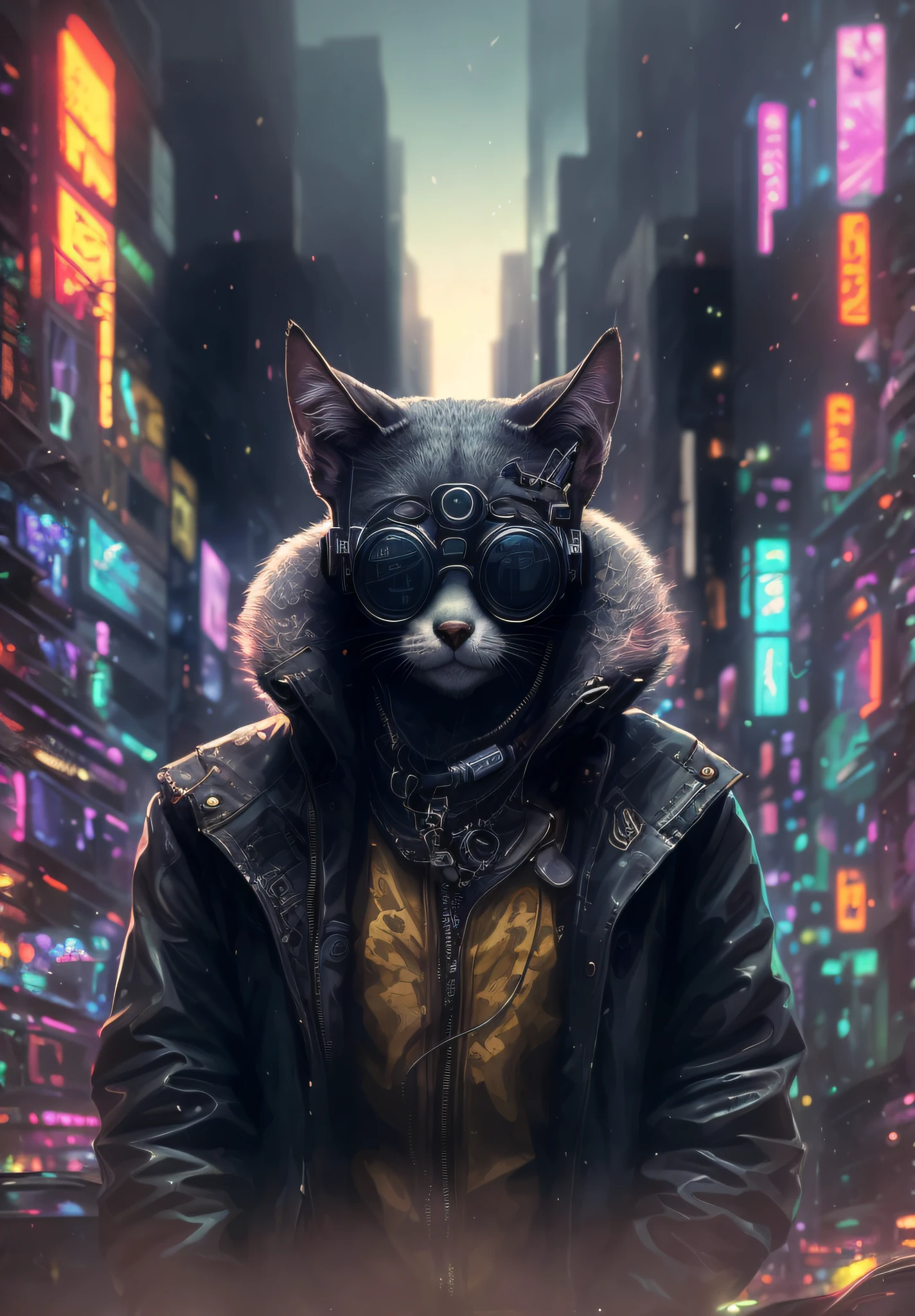 There's a cat wearing a leather jacket and glasses on a city street, gato cyberpunk, no estilo cyberpunk, tem estilo cyberpunk, Cyberpunk Streetwear, Cyberpunk))), an anthropomorphic cyberpunk fox, Cyberpunk Mouse Folk Engenheiro, estilo cyberpunk hiper-realista, Estilo de arte cyberpunk, Cybercat, gato ciborgue, Wojtek FUS, cyberpunk themed art, cyberpunk vibes