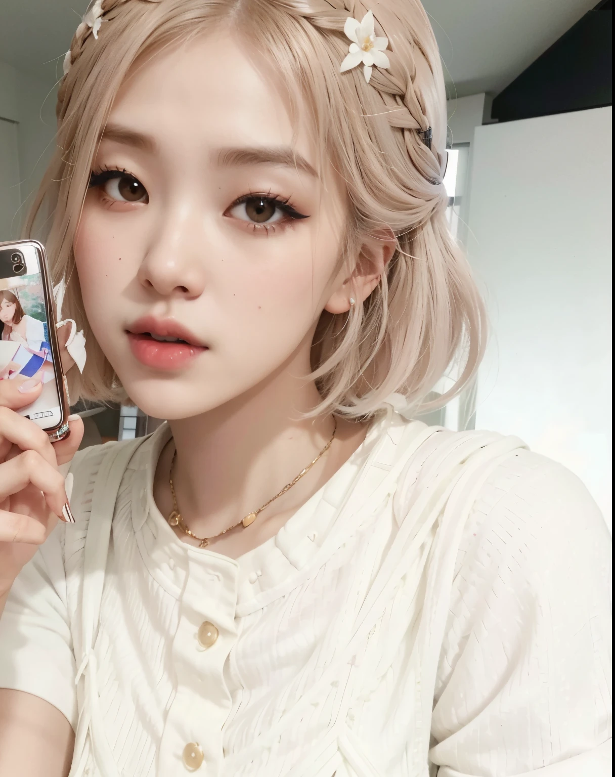 a close-up of a person in a white shirt and a cell phone, Lalisa Manobal, Peinado blanco de corte hime, Sun Yunjoo, ulzzang, Parque Roseanne de Blackpink, Heonhwa Choe, con el pelo corto, El Corte Hime, Lalisa Manoban de Blackpink, cabello whitebangs cabello, maquillaje coreano popular, Chica coreana