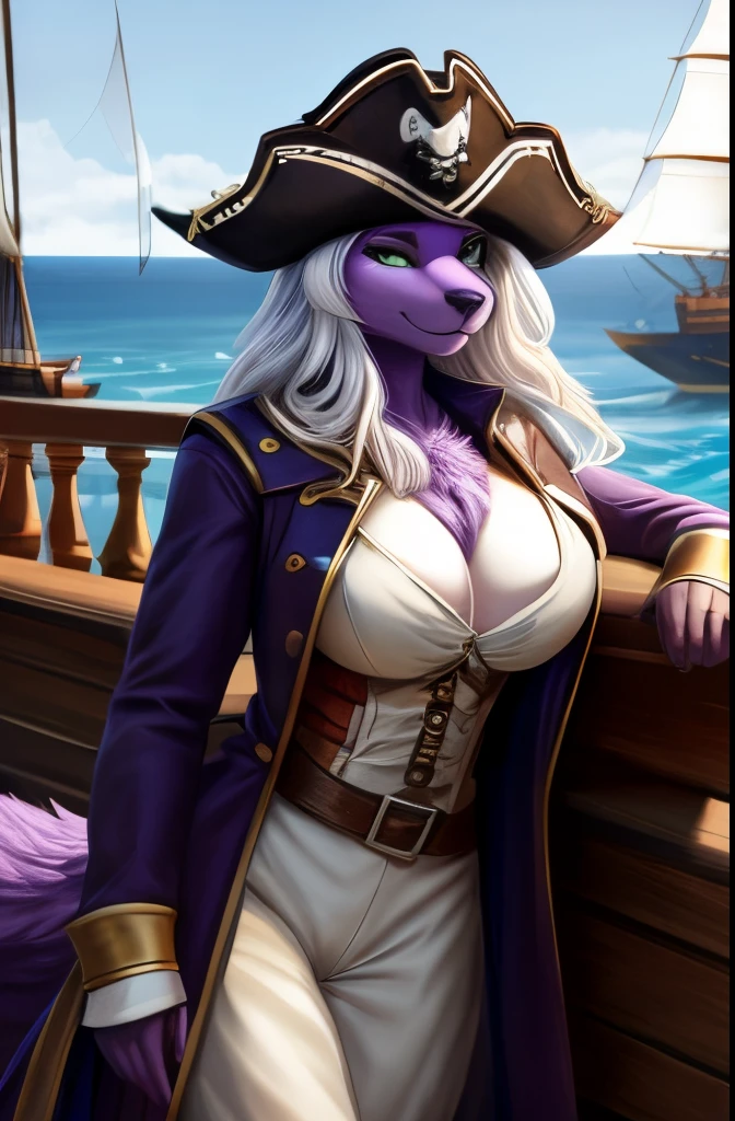 Female, anthro wolf, full breast, standing, perfect, realistic looking, fur body, fur all over, bioluminescent markings, very long hair, Pirate, fully clothed,