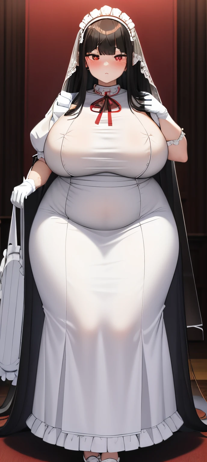 realistic, 1girl, black hair, very long hair, wear bride veil, straight hair, blunt bangs, (red eyes), (glowing eyes), blush, ((((white maid dress)))), (((((fully clothed))))), ((big breast)), maid headband, white hand gloves, high heels, ribbon, night, indoor, staring at viewer, lipstick, closed mouth, bare foot, sfw, very big breast, big belly, covered belly, thicc girl, standing, fat girl, obese girl