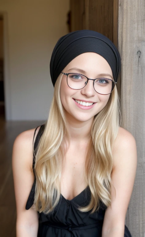 Wide shot portrait of a 23 years old barefoot blonde woman wearing a black headscarf, glasses and a long dress, calm smile, blue eyes, freckles.