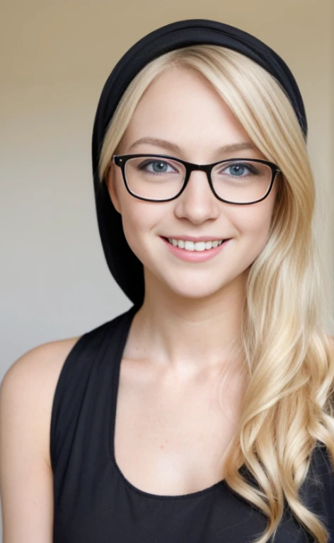 Wide shot portrait of a 23 years old barefoot blonde woman wearing a black headscarf, glasses and a long dress, calm smile, blue eyes, freckles.