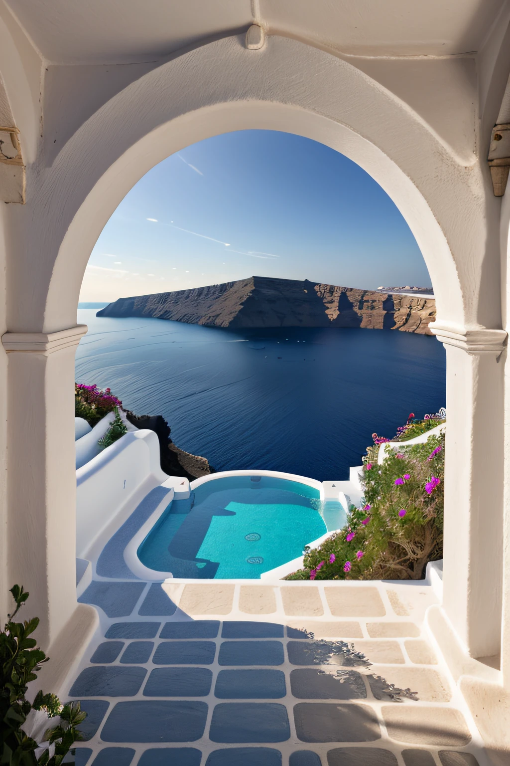 (best quality,4k,8k,highres,masterpiece:1.2),ultra-detailed,(realistic,photorealistic,photo-realistic:1.37),santorini landscape,summer vibes,vibrant colors,glistening blue sea,rustic white houses,traditional architecture,calm and serene atmosphere,sun-drenched streets,beautifully cascading flowers,panoramic view of the Mediterranean,perfectly captured sunlight,immaculate details,crystal-clear water,romantic sunset ambiance,exquisite cliffside location,iconic blue domes,steep winding pathways,narrow cobblestone streets,peaceful island getaway,romantic ambiance,inviting outdoor cafes,relaxing rooftop terraces,spectacular sea views,quaint shops and boutiques,secluded beaches,volcanic rock formations,Aegean charm and tranquility,ethereal beauty,enchanted by the magical charm of Santorini,mesmerizing beauty of the Greek islands,postcard-perfect paradise,serene and idyllic escape.