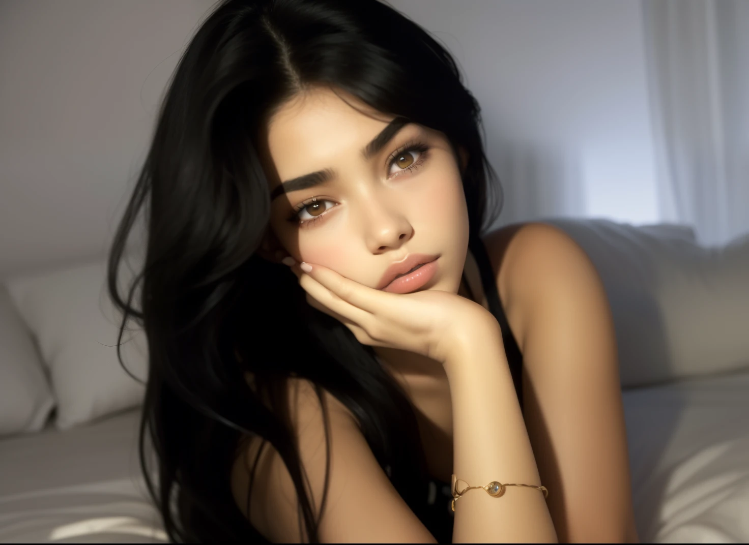 arafed woman laying on a bed with her hand on her chin, gorgeous latina face, 18 years old, soft devil queen madison beer, 1 6 , profile image, she is about 1 6 years old, madison beer, :: madison beer, she is about 20 years old, she is about 2 0 years old, looks like laura barriales