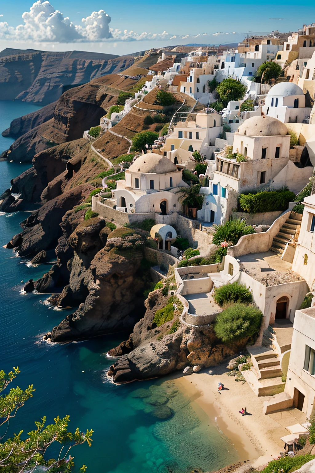 (best quality,4k,8k,highres,masterpiece:1.2),ultra-detailed,(realistic,photorealistic,photo-realistic:1.37),santorini landscape,summer vibes,vibrant colors,glistening blue sea,rustic white houses,traditional architecture,calm and serene atmosphere,sun-drenched streets,beautifully cascading flowers,panoramic view of the Mediterranean,perfectly captured sunlight,immaculate details,crystal-clear water,romantic sunset ambiance,exquisite cliffside location,iconic blue domes,steep winding pathways,narrow cobblestone streets,peaceful island getaway,romantic ambiance,inviting outdoor cafes,relaxing rooftop terraces,spectacular sea views,quaint shops and boutiques,secluded beaches,volcanic rock formations,Aegean charm and tranquility,ethereal beauty,enchanted by the magical charm of Santorini,mesmerizing beauty of the Greek islands,postcard-perfect paradise,serene and idyllic escape.
