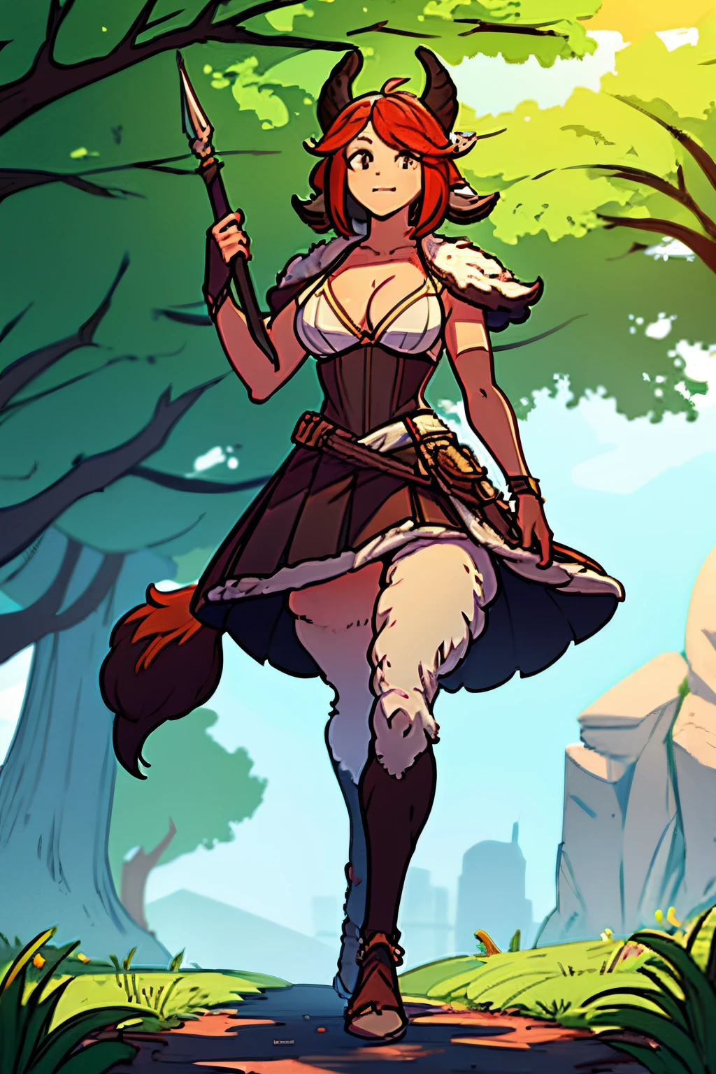 16k, HD, Professional, Highly Detailed, ((Masterpiece: 0.3)), (((High Quality))), ((anatomically correct: 0.6)), 1satyr girl, goat horn, full body, perky breasts, goat legs, brown fur, cloven hooves, druid, simple shirt, lower body of a goat, standing up, furry hips, small tail, legs covered in fur completely, two legs, leather armor, (walking in a forest), (holding a spear), red hair