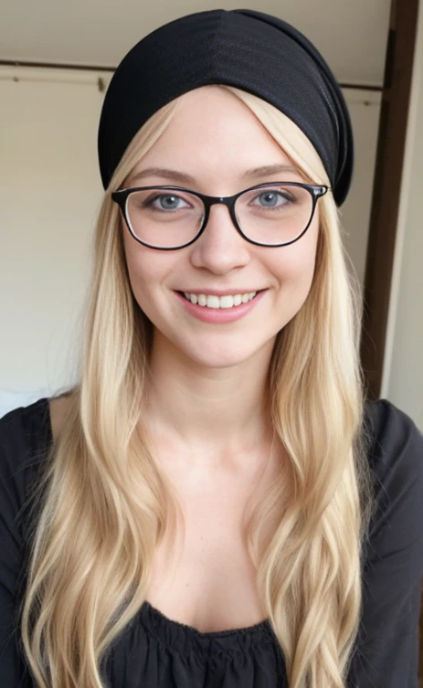 a 23 years old barefoot blonde woman wearing a black headscarf, glasses and a long dress,  calm smile, blue eyes, freckles.