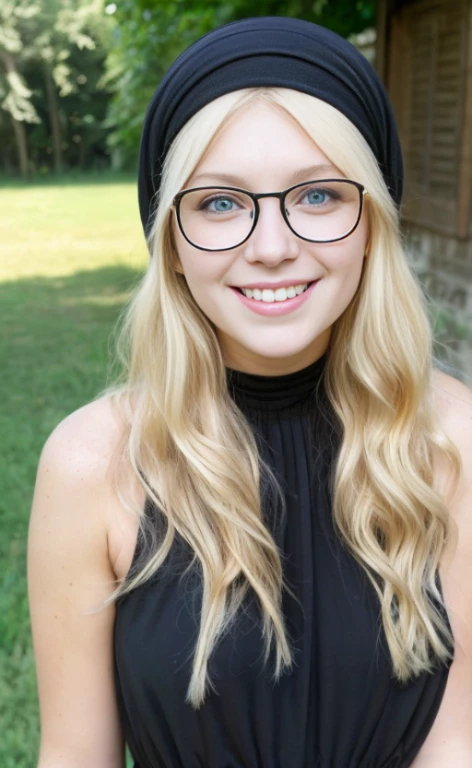 a 23 years old barefoot blonde woman wearing a black headscarf, glasses and a long dress, calm smile, blue eyes, freckles.