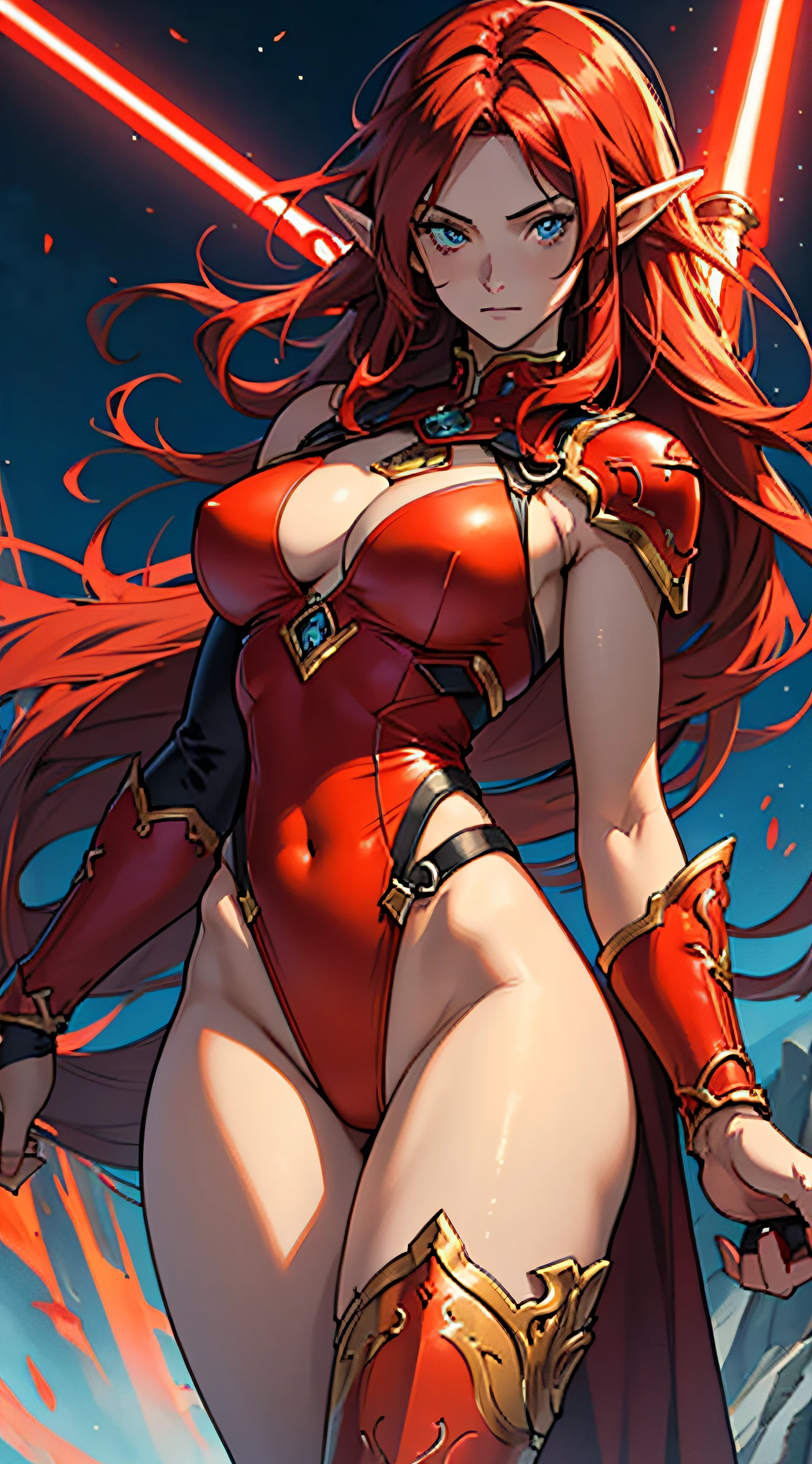 detailed anime style, beautiful and stunning artwork, red clothes, shimmering shadows, strong colors,, an elf woman, red light lightsaber, cabelo cacheado, orange and red voluminous long hair, blue eyes, beautiful body, large hips. red armor, red one piece swimsuit with golden, black and white details. Medieval city background with orange and red lights