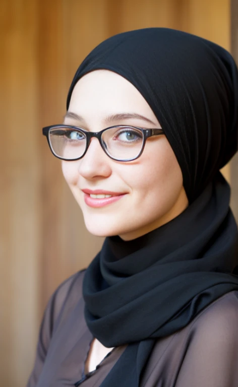 portrait of a 23 years old woman wearing a black headscarf, glasses and a long modest dress, calm smile, blue eyes, freckles.
