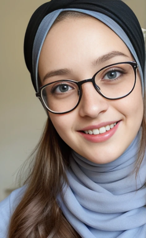 portrait of a 23 years old woman wearing a black headscarf, glasses and a long modest dress, calm smile, blue eyes, freckles.