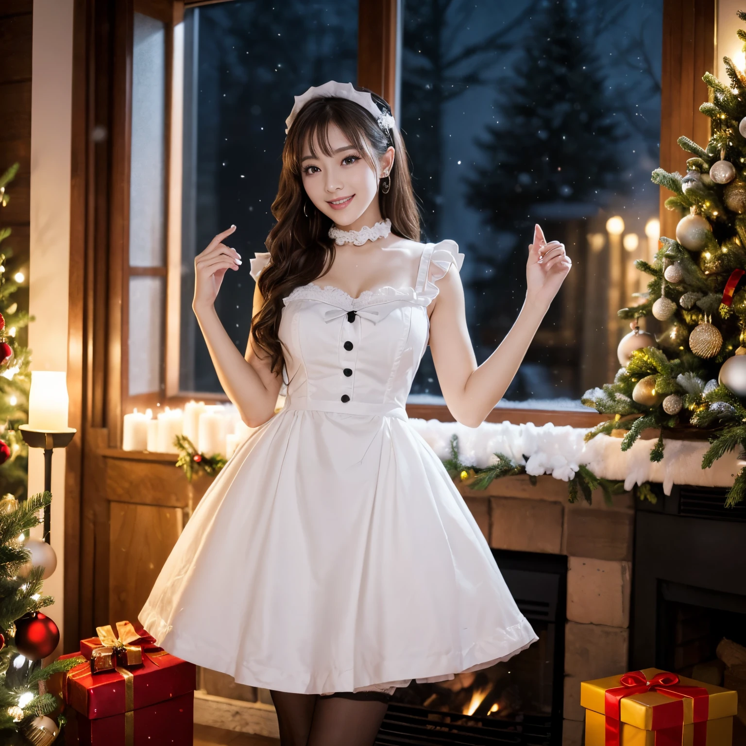 ((Best Quality, masutepiece, 超A high resolution、8K、The ultra -The high-definition、The most complex and detailed depictions))、((1人の女性,The most beautiful faces in Japan,Beauty 1 person,maid and christmas、Christmas at night、a dark night、warm proof、christmas night、natta、1 maid、Gorgeous Victorian Maid Dresses、Black and white maid outfit with luxurious long skirt、Huge Maid Dresses、big and luxurious maid dress、Graceful standing、elegant and classy attitude、Huge black and white maid dress、Black and white maid dresses、with frills、Big apron and black and white maid outfit))、Big smile、Shooting from the knee up、natta,Being in the room,Old fireplace,christmas night,Gorgeous illumination,Crisp backgrounds,Clear backgrounds,Christmas tree in the room,the complex background,Detailed Christmas Backgrounds,Complex Christmas Background,The perfect Christmas atmosphere、Calm room、Classy room、Christmas room with a warm atmosphere,Christmas gifts available,Christmas Gift Box,It's snowing outside the window,Turn to this,View here,Perfect fingers,perfect arms,细致背景,Perfect Anatomy